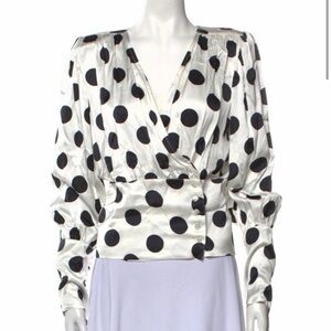 Polka Dot Satin Wrap Blouse - Black & White